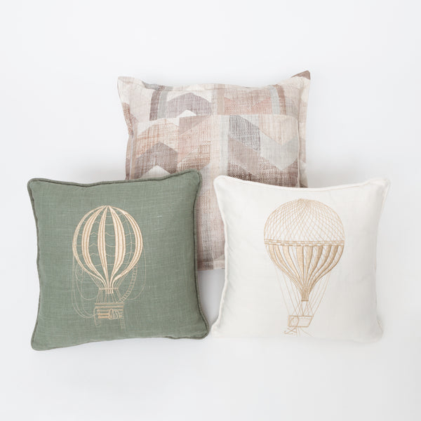 Pallone Cushions with Hot Air Balloons in Whipped Cream and Forest Green